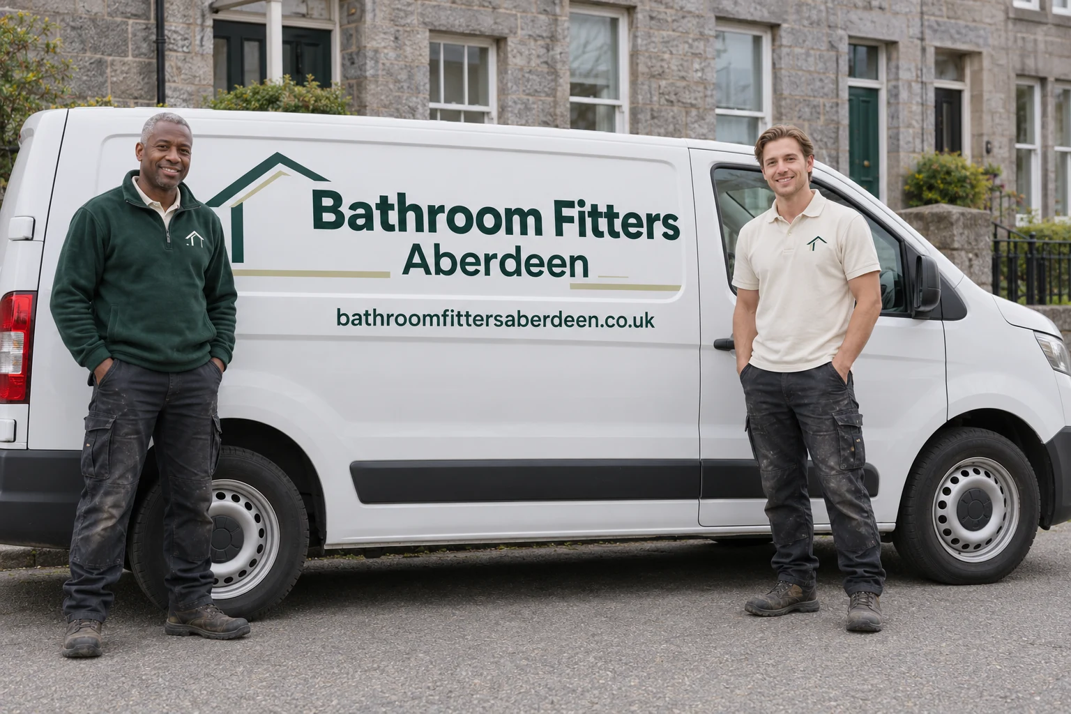 Two men in workwear beside a professionally signwritten bathroom fitting van