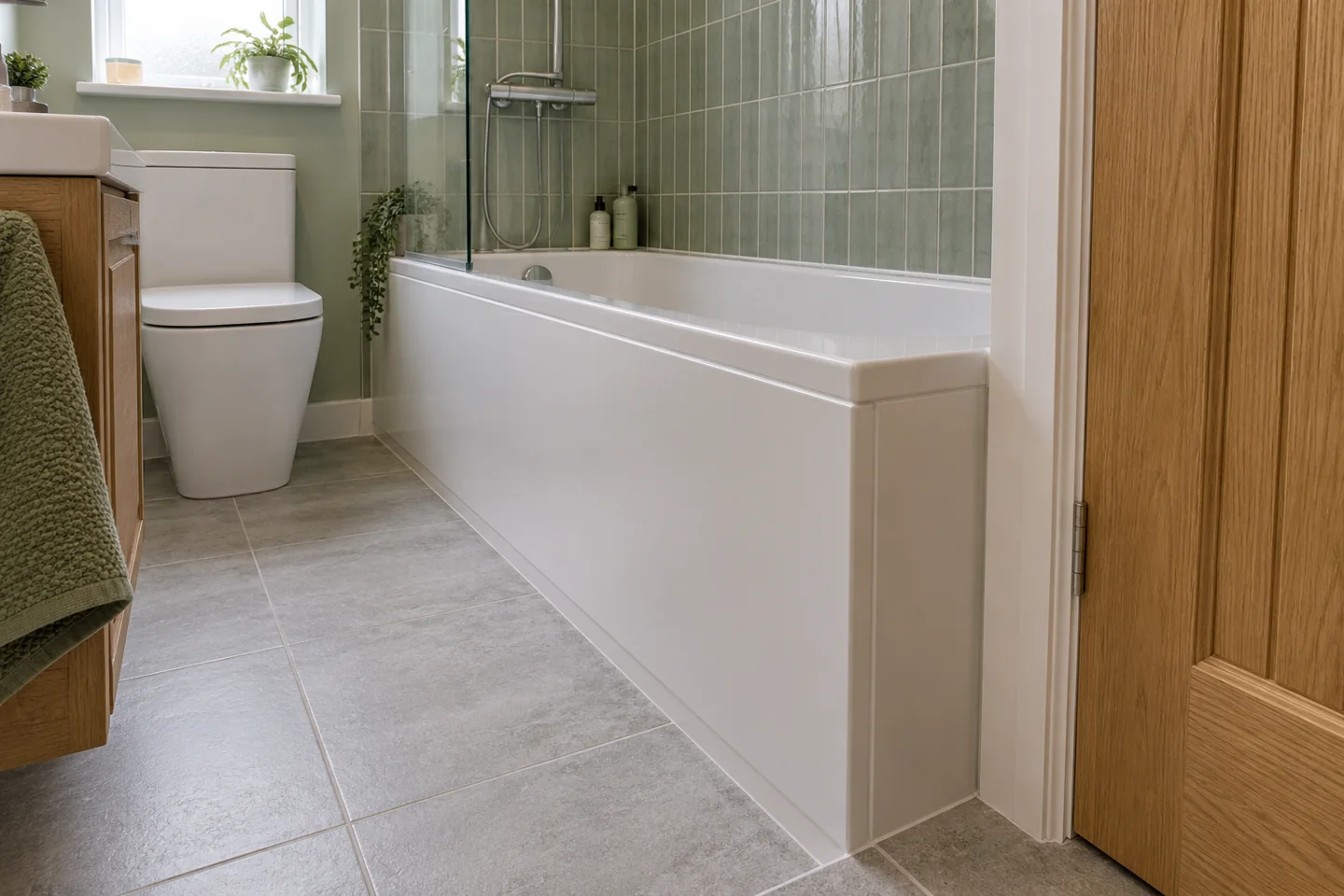 Fitted bath panel meeting floor tiles beside a bathroom doorway