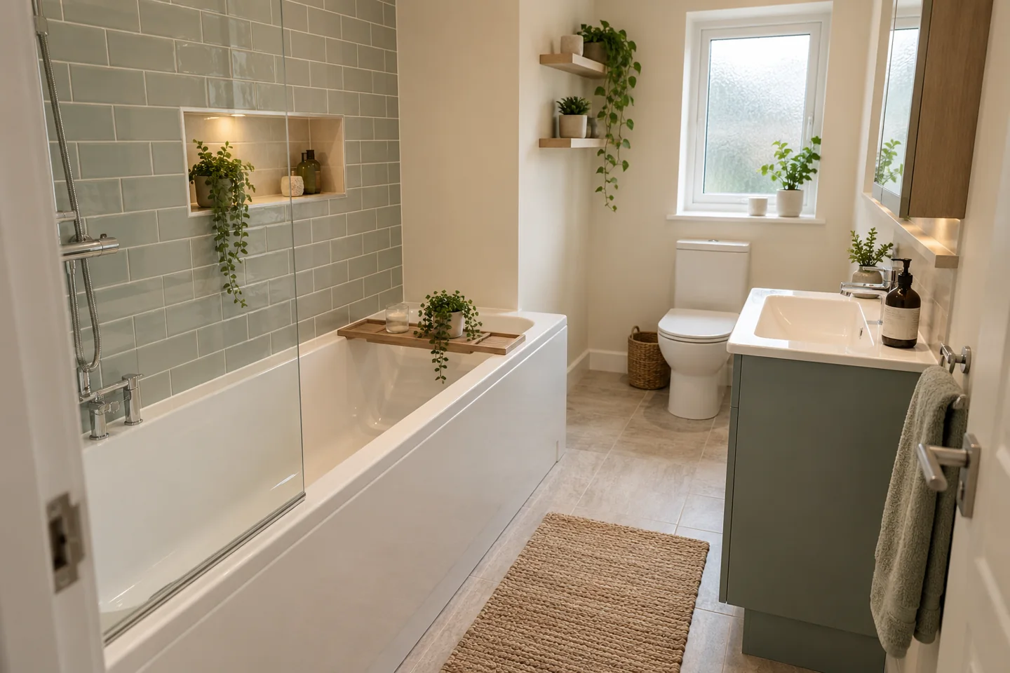 Fitted bath with shower screen and shallow green vanity in a compact bathroom
