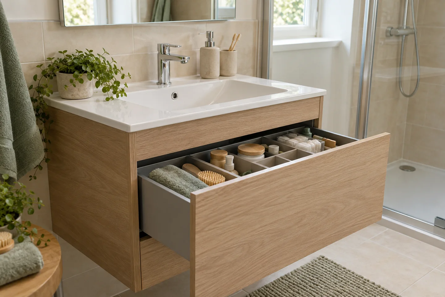 Oak vanity with an open divided drawer, white basin and chrome tap