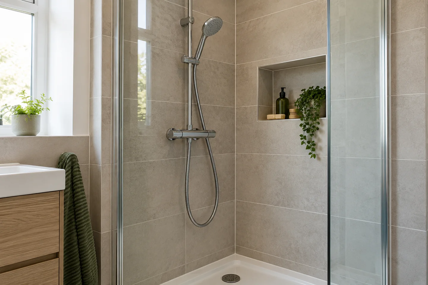 Chrome shower controls and handheld shower beside a recessed shelf