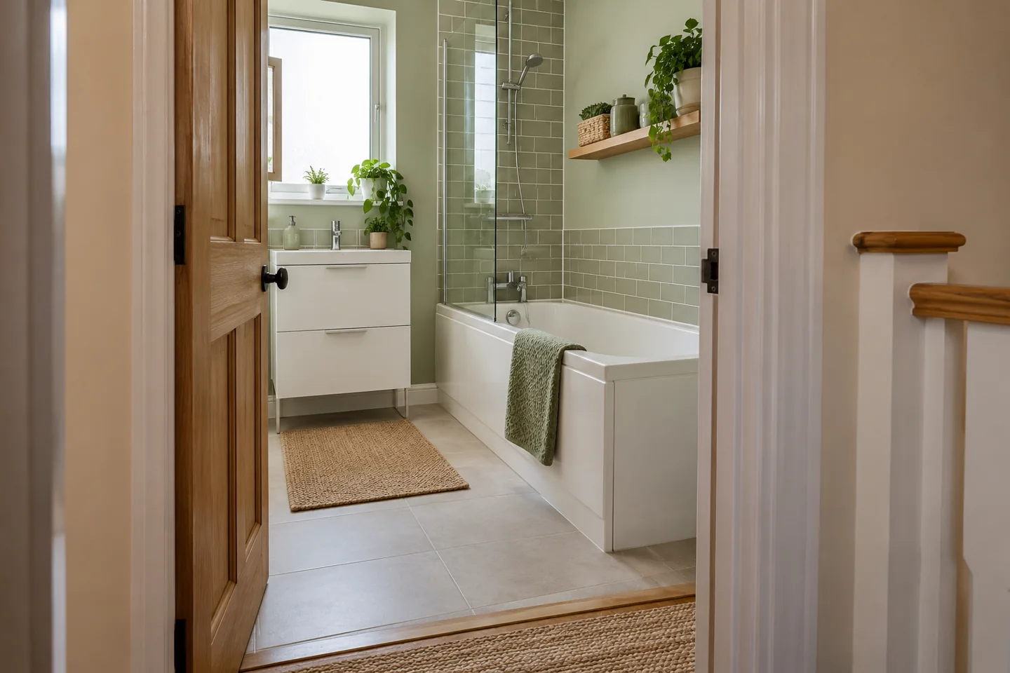 Open bathroom doorway showing a clear route to a fitted bath and basin