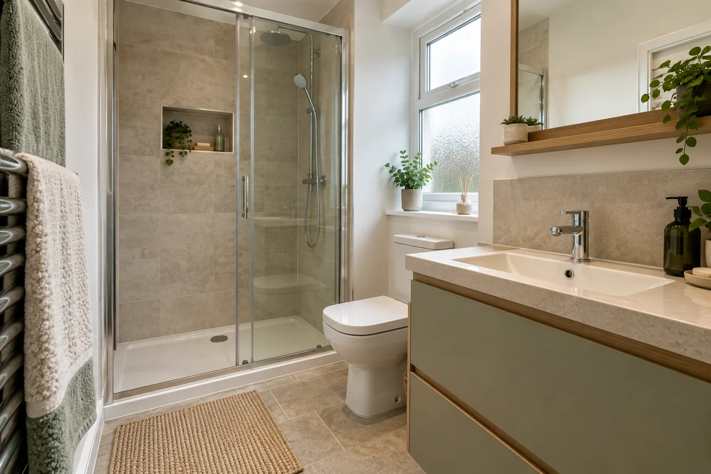 Compact shower room with sliding enclosure, shallow vanity and useful storage