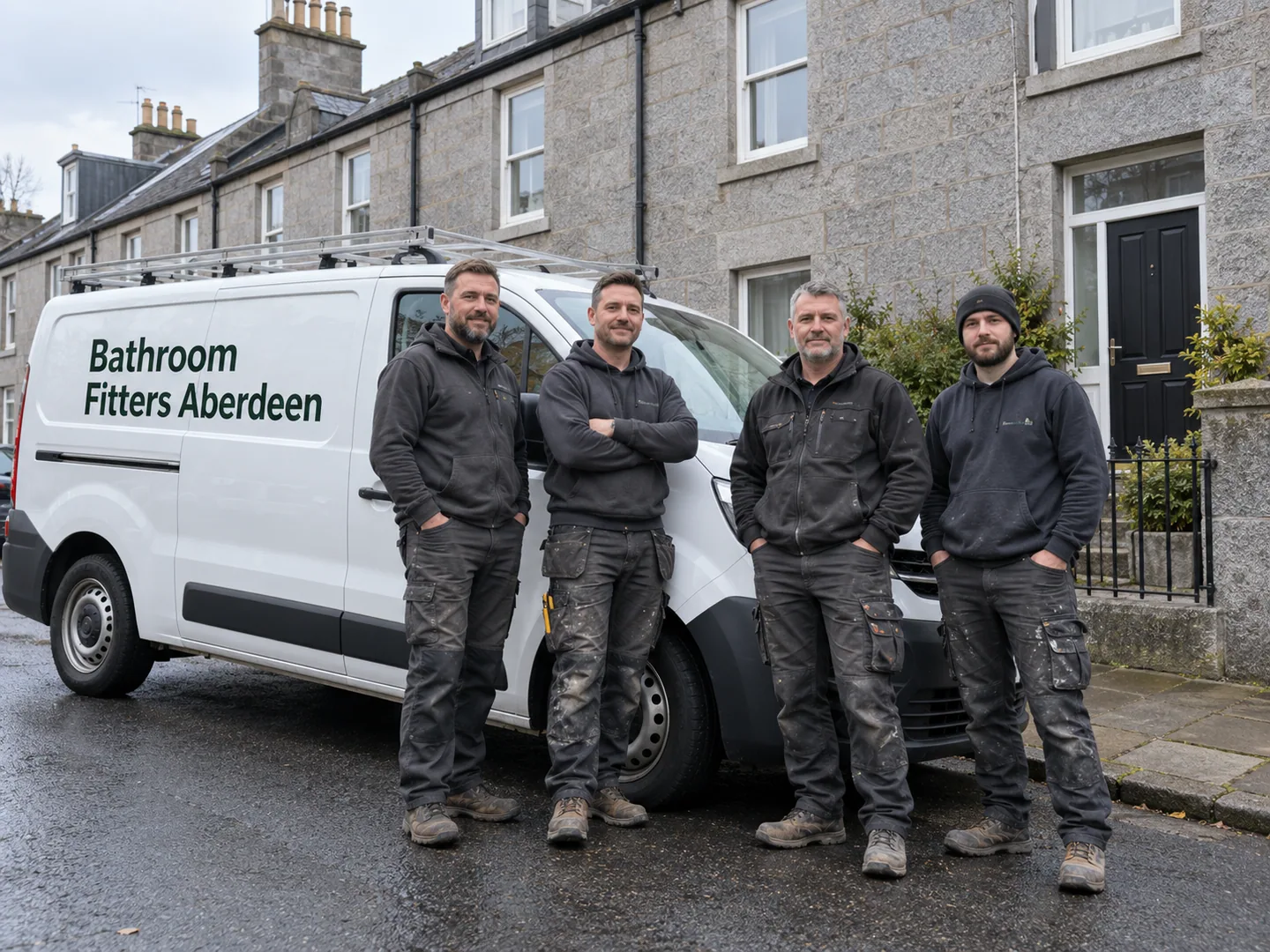 Four tradespeople beside a Bathroom Fitters Aberdeen van on a granite residential street