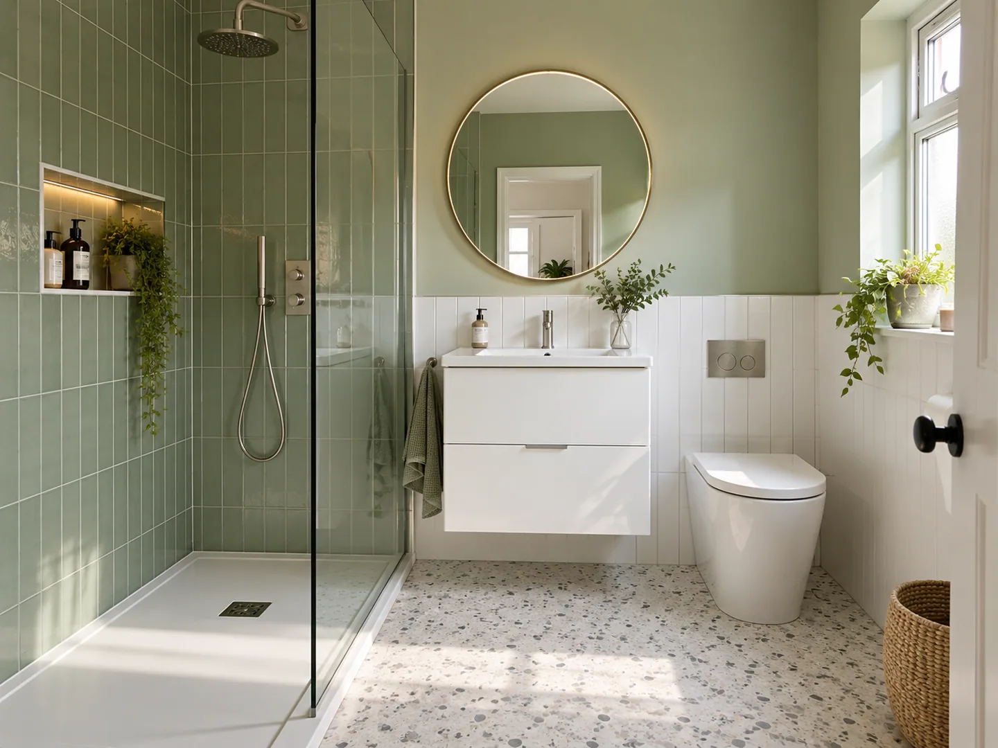 Sage shower room with recessed storage