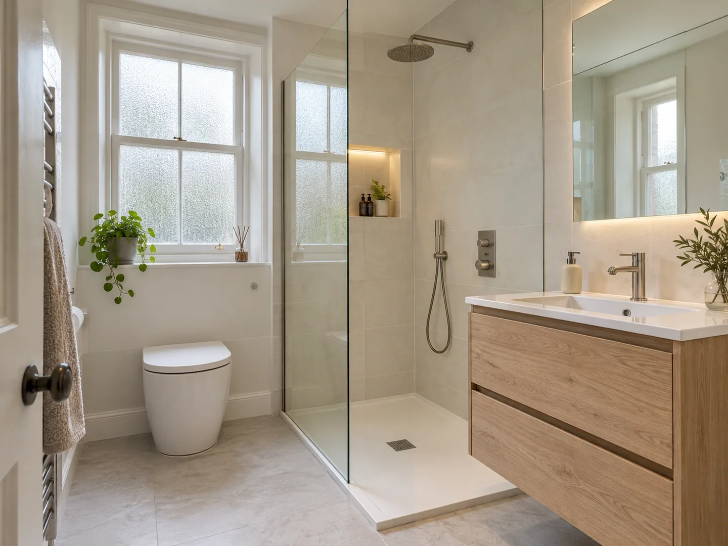 Bright compact bathroom with an oak vanity and glass shower