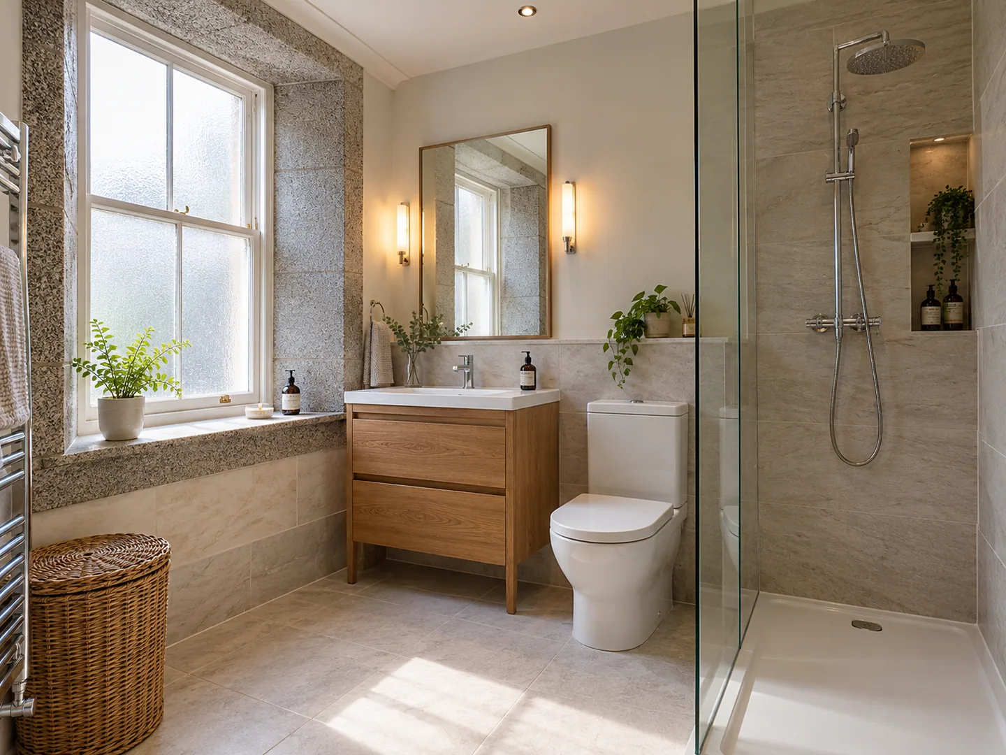 Bathroom with a deep frosted sash window and oak vanity
