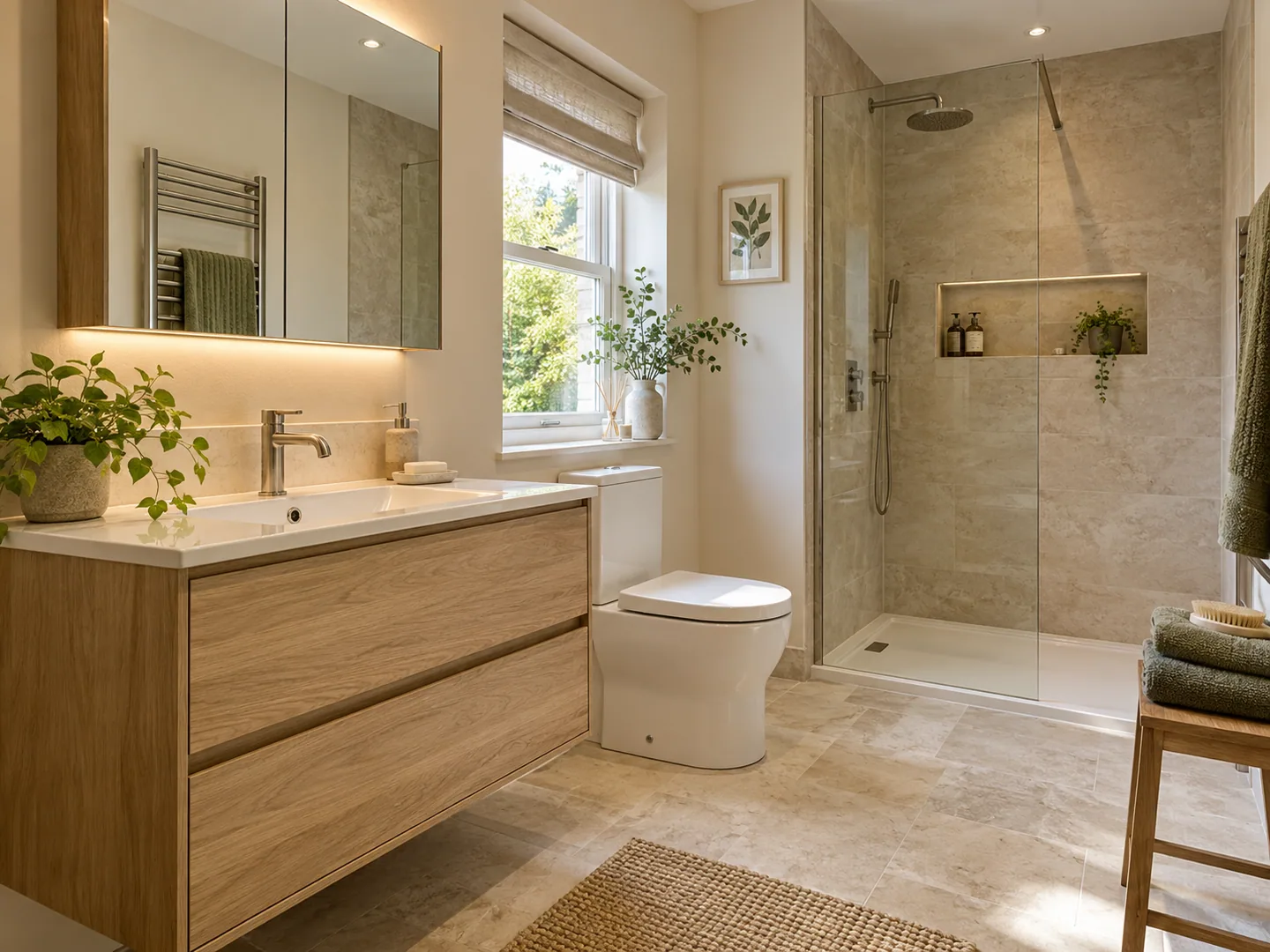 Natural bathroom with coordinated furniture and finishes