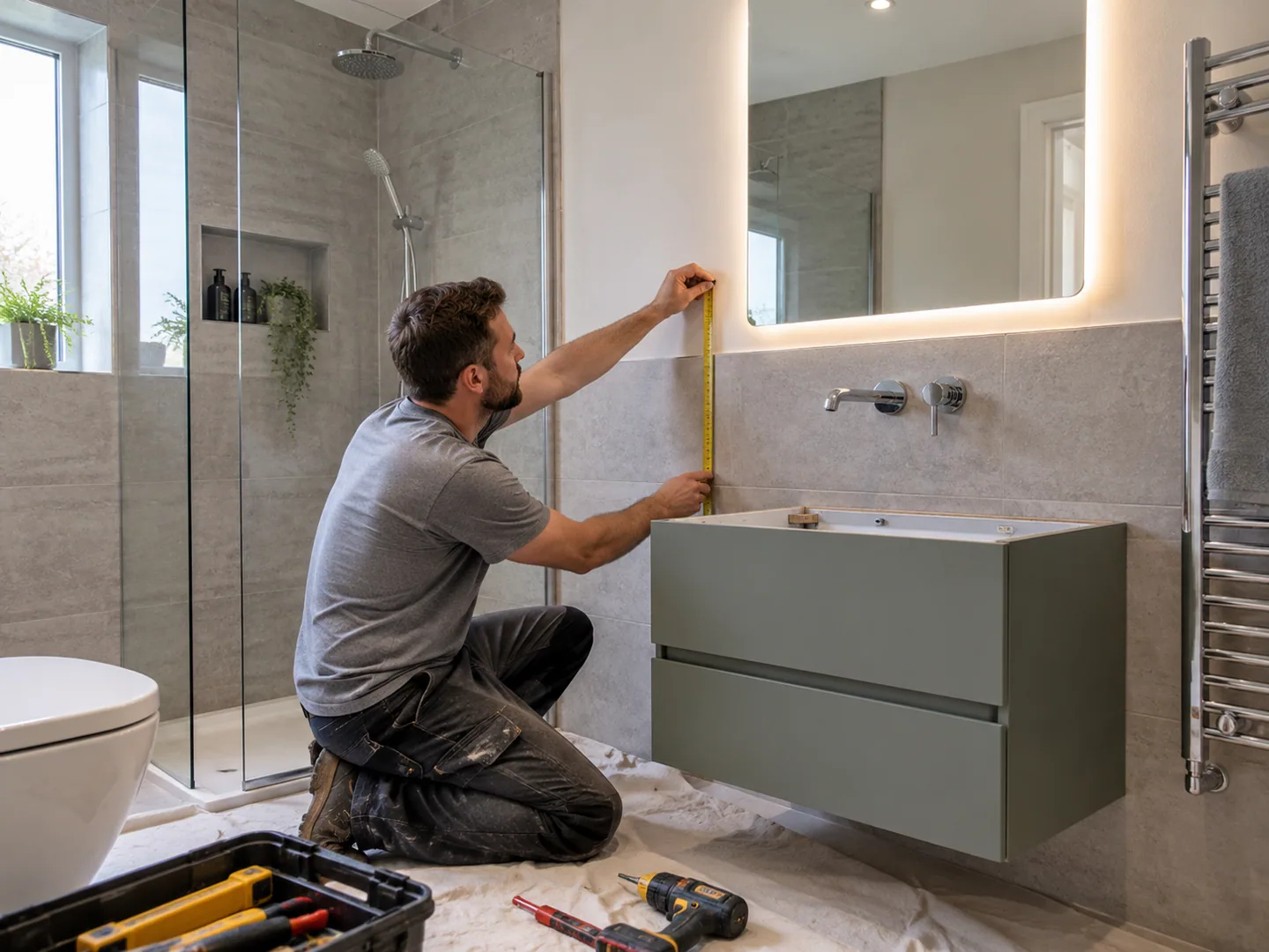 Tradesperson measuring a bathroom wall
