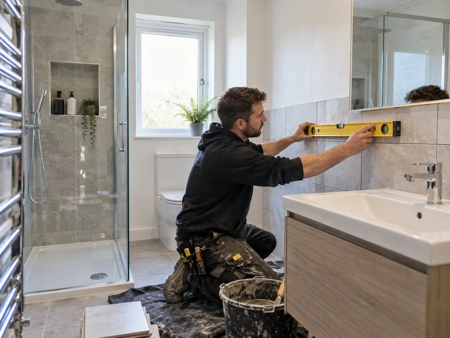 Tradesperson checking wall tiles during bathroom installation