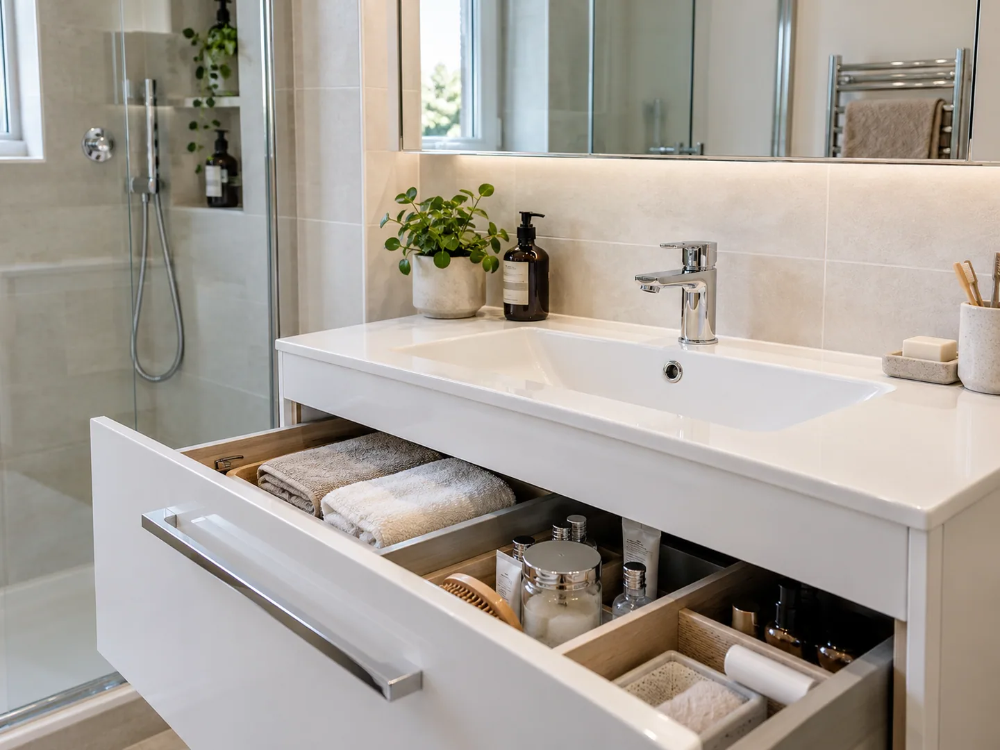 Modern vanity drawers and mirror cabinet in a compact room