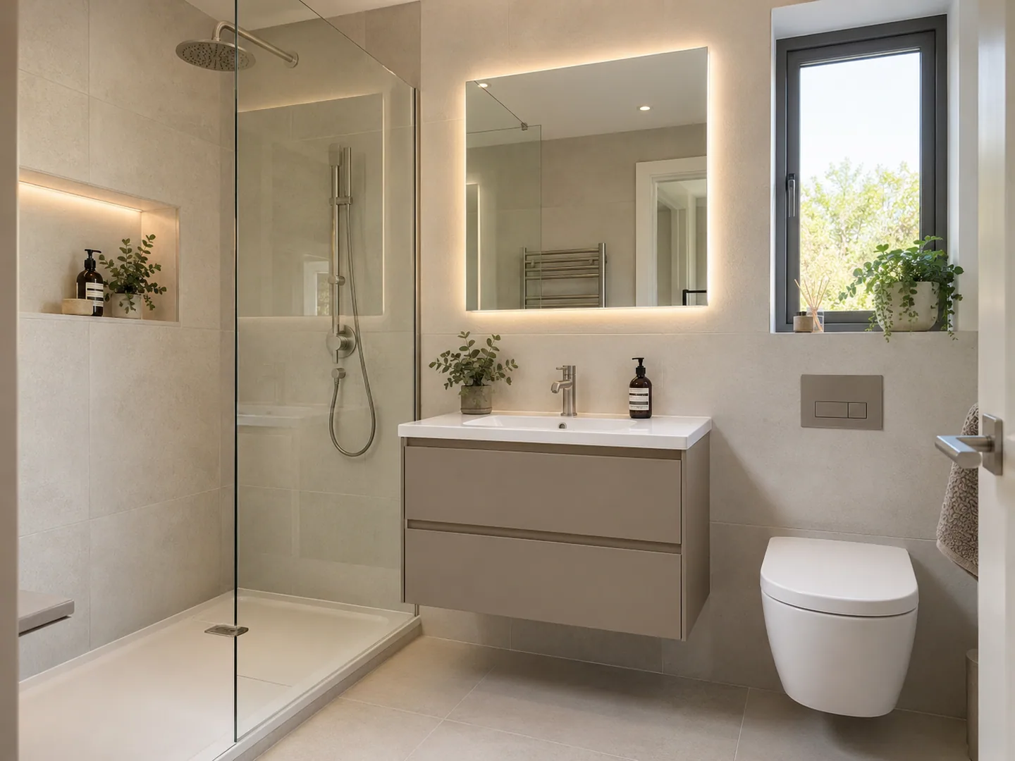 Modern white bathroom with a wall-hung vanity