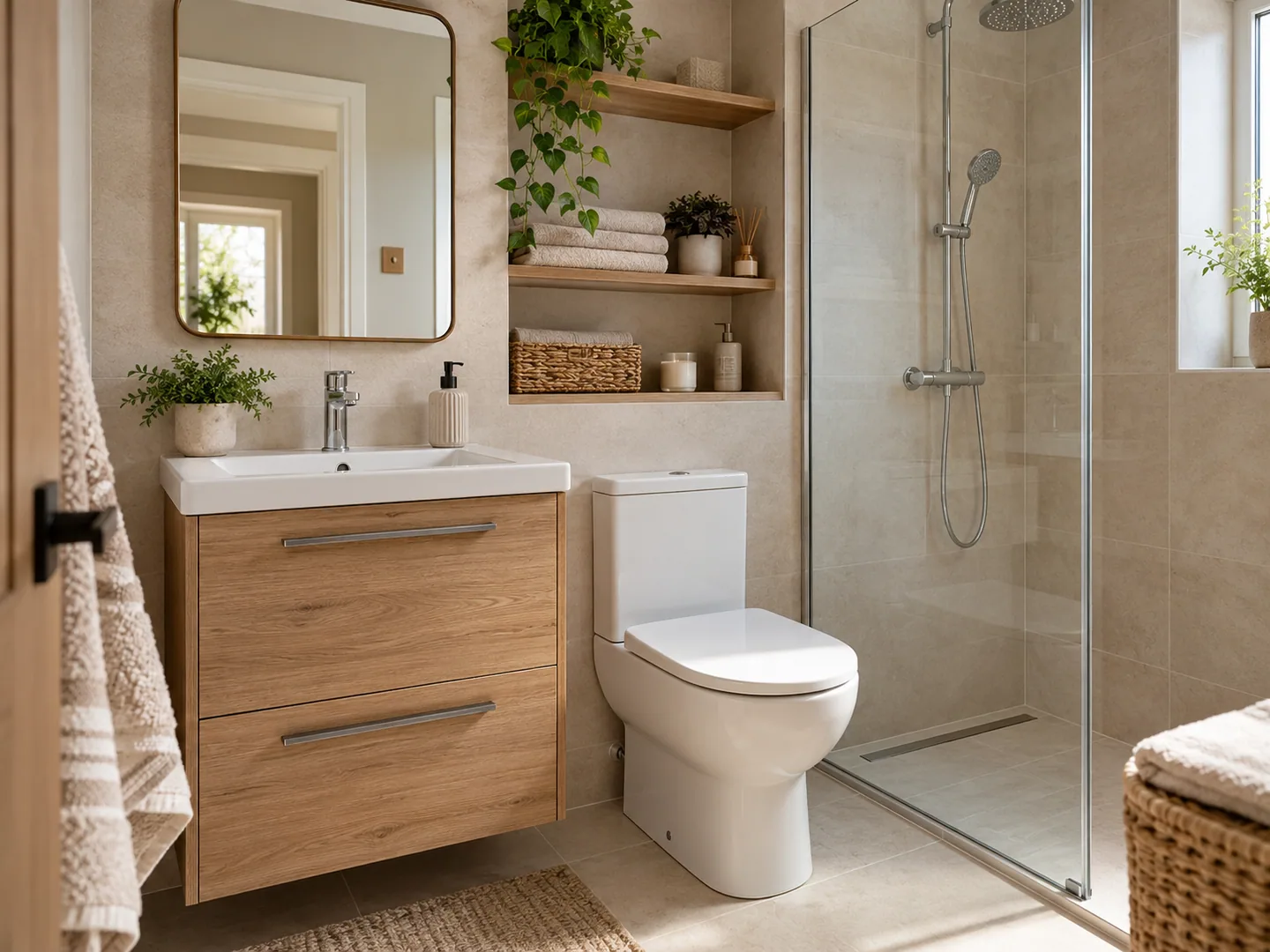 Wood-effect bathroom storage with soft neutral wall finishes