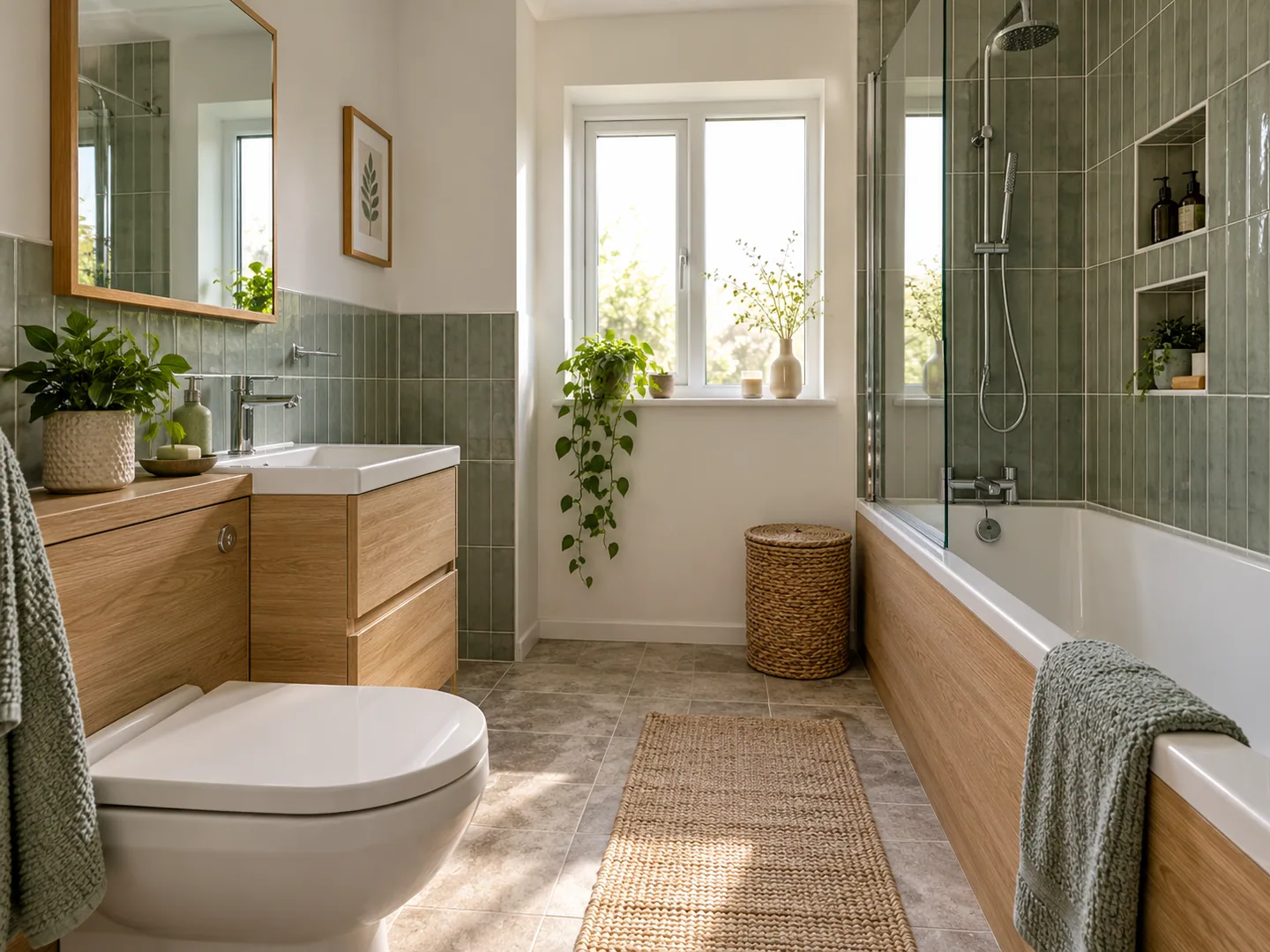 Warm neutral bathroom with a wood-effect vanity