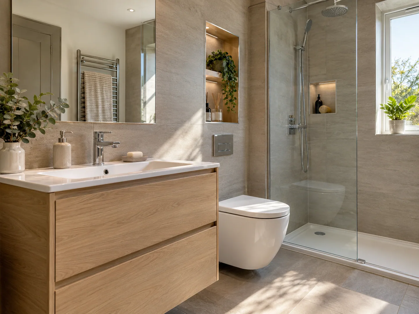 Bathroom vanity with drawer storage, mirror and chrome tap