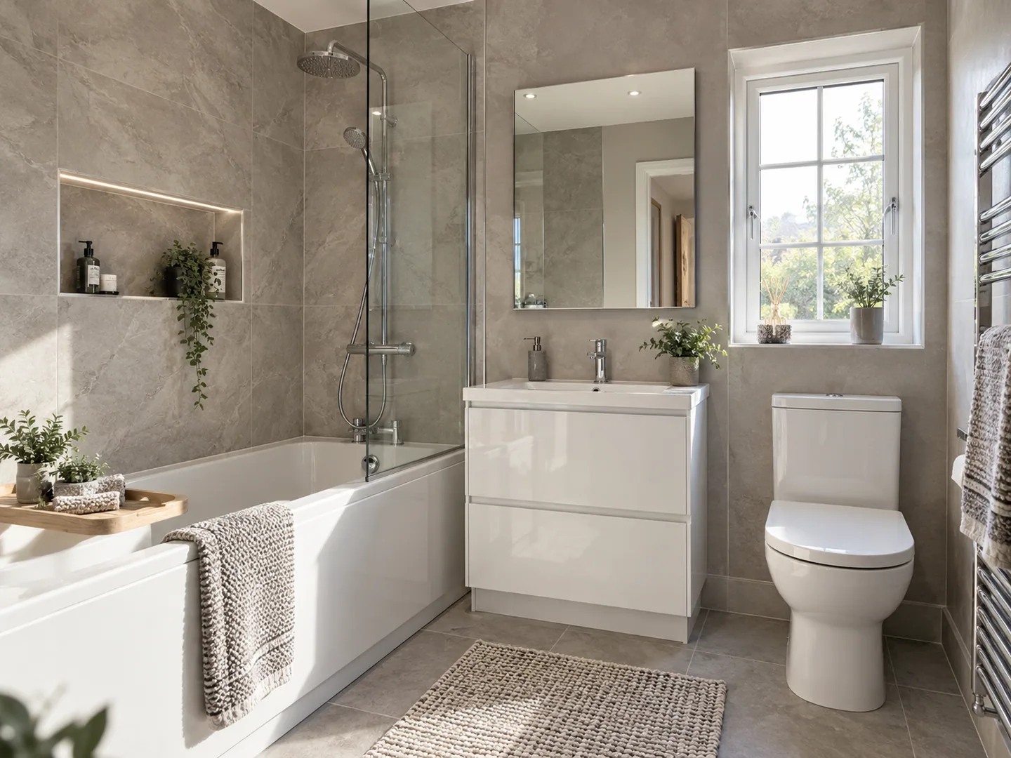 Coordinated bathroom suite with practical storage