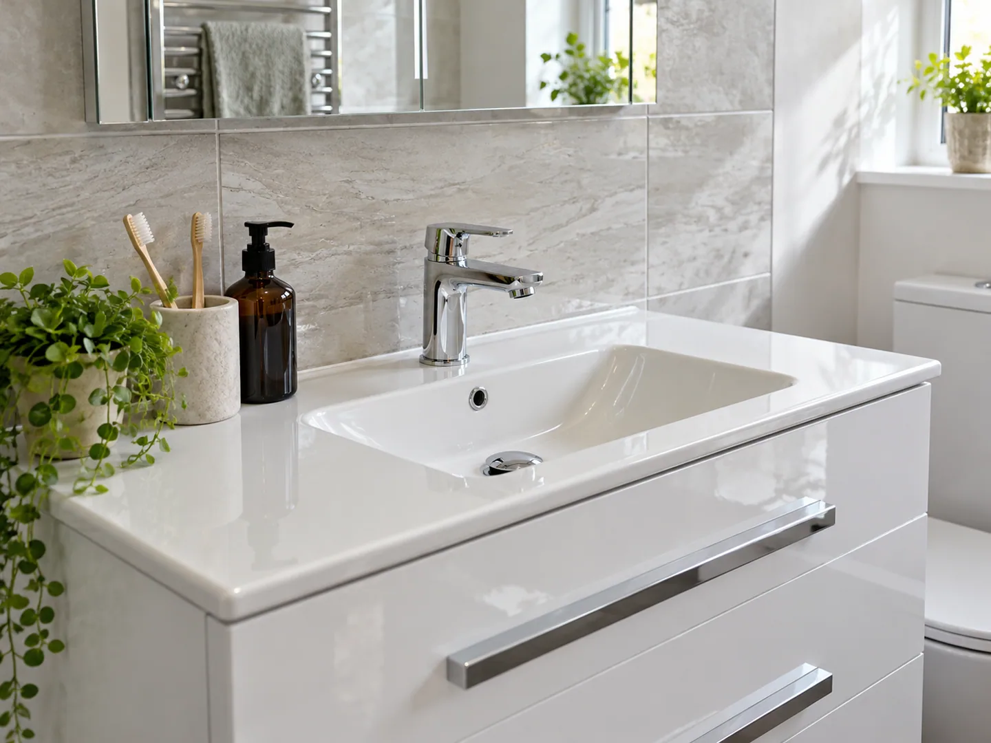 Close view of coordinated bathroom tiles, basin and storage