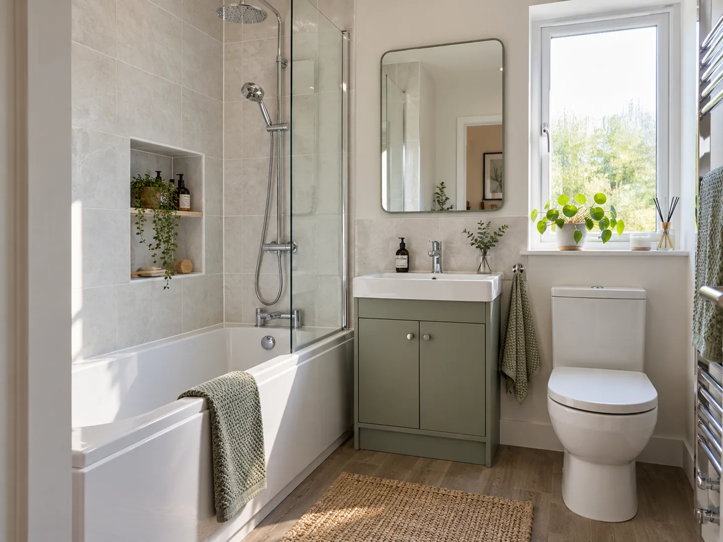 Attainable bright bathroom with a fitted bath and vanity