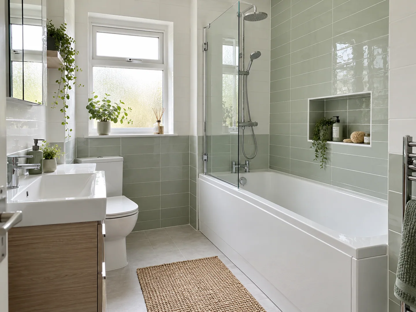 Normal-sized fitted bath with an overhead shower and clear screen