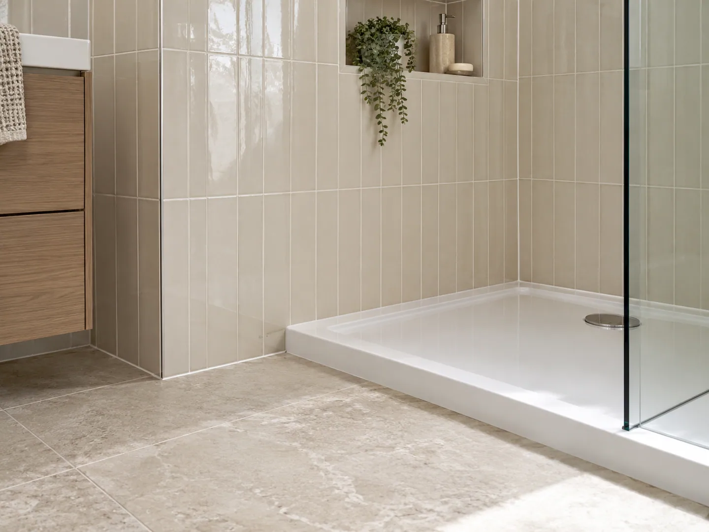 Ivory wall tiles beside a pale stone-effect bathroom floor