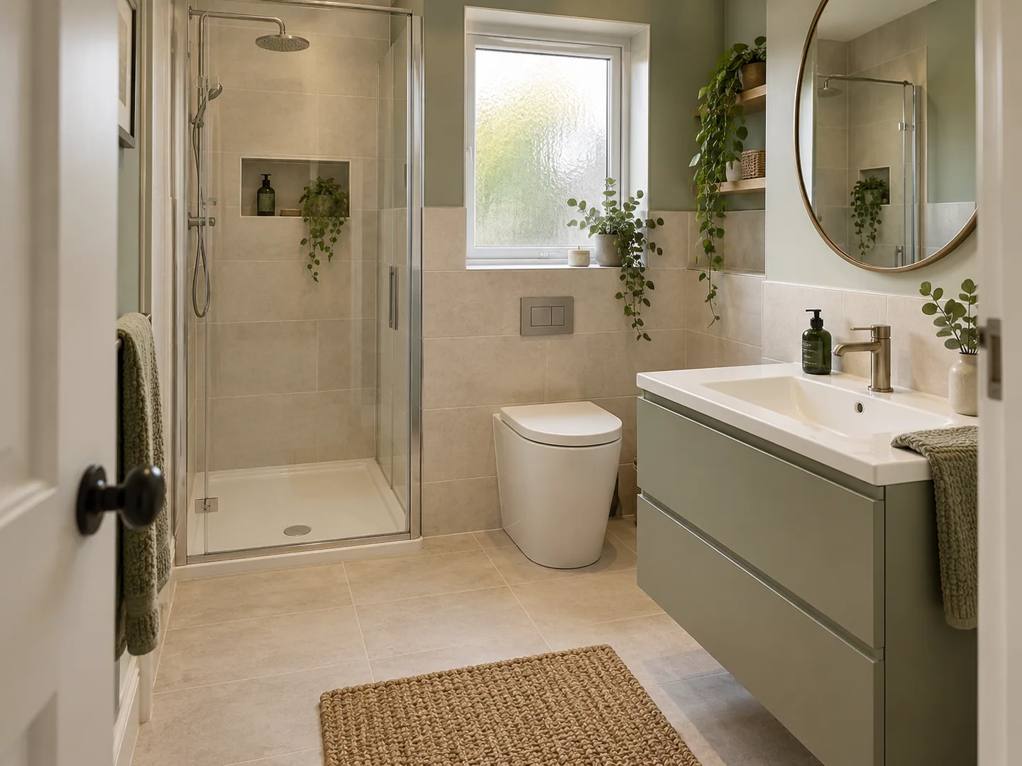 Compact bathroom with a sage vanity, glass shower and recessed storage
