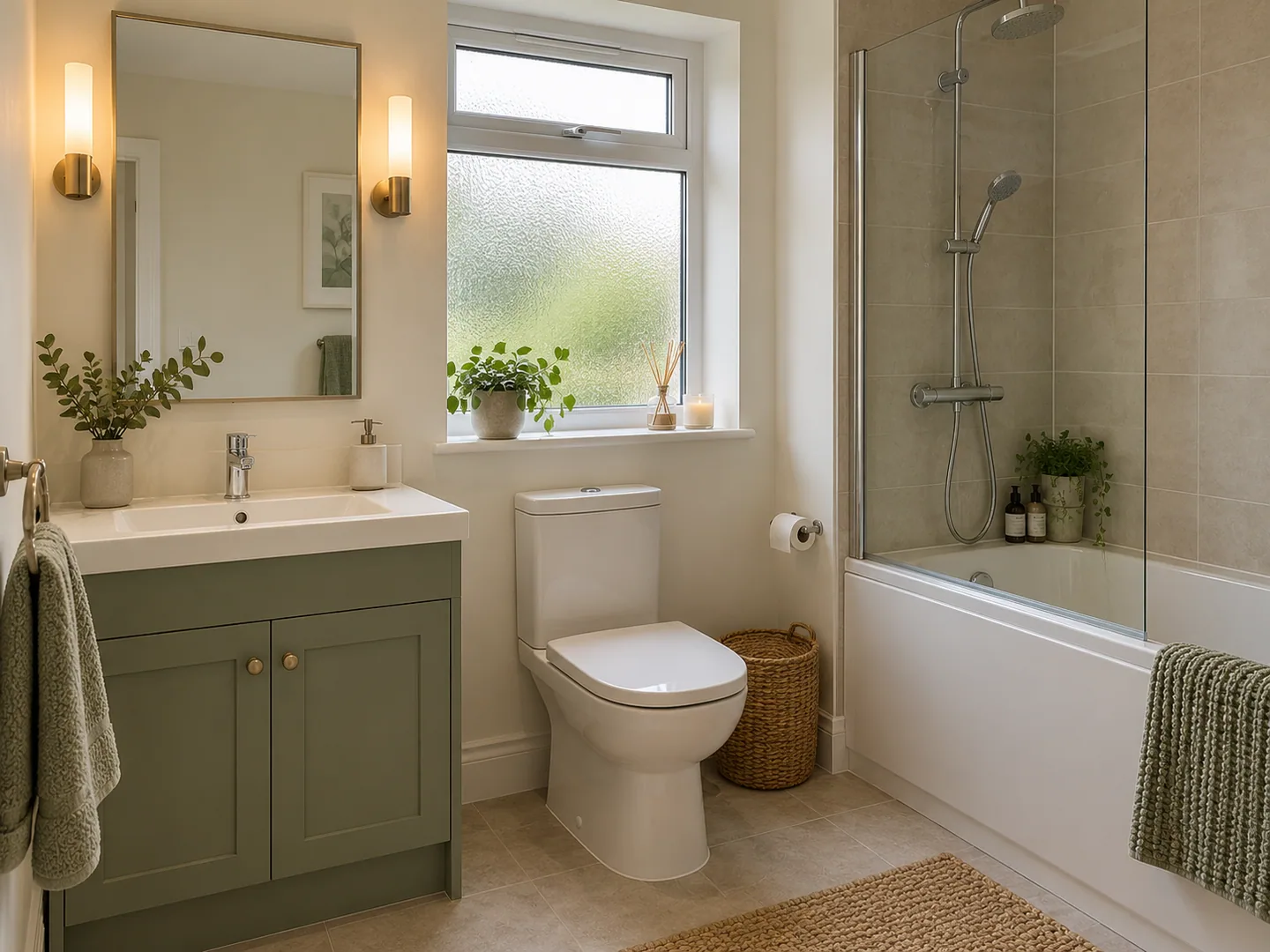 Bathroom mirror with warm wall lights beside a compact vanity
