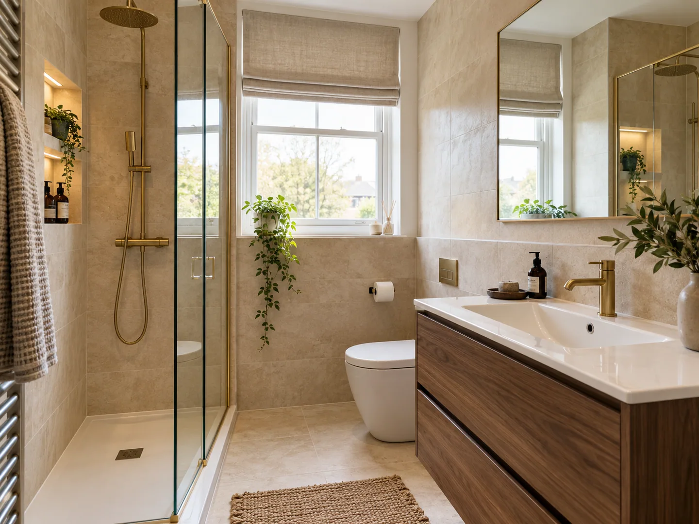 Natural bathroom with coordinated furniture and finishes