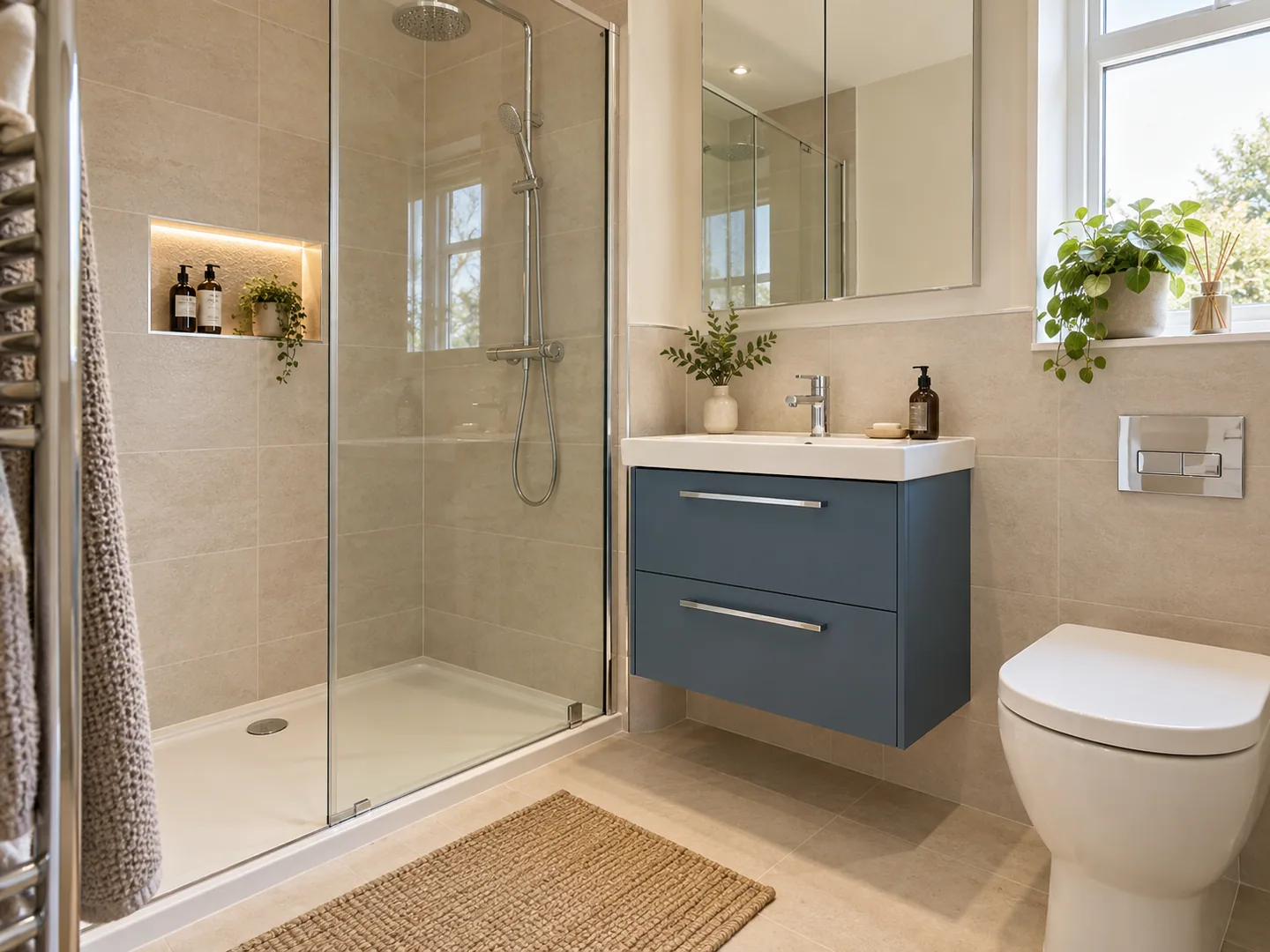 Compact shower enclosure with a recessed niche and blue vanity