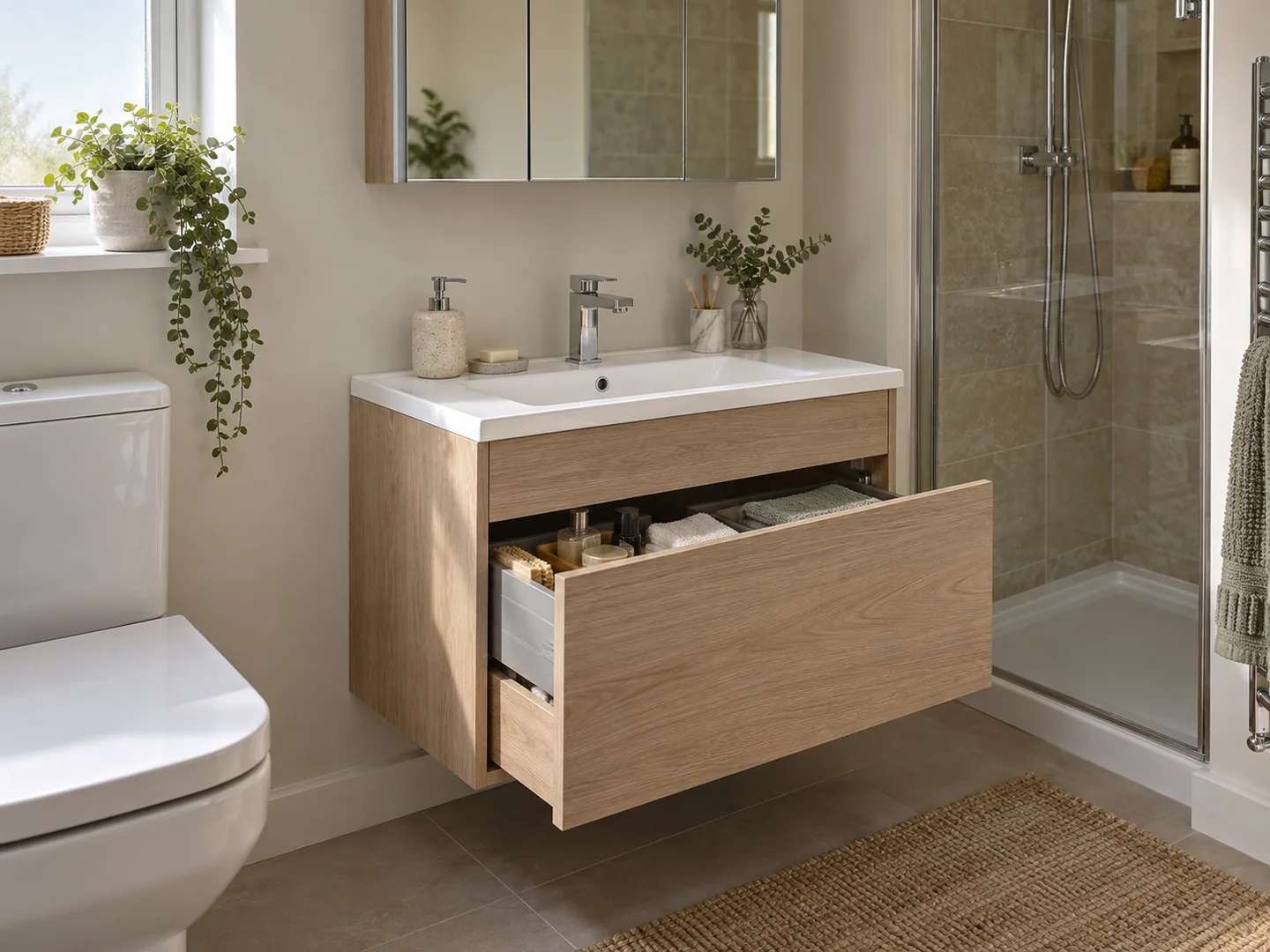 Oak-effect vanity drawer with tidy bathroom storage