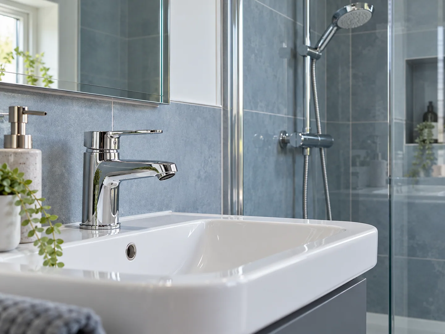 Chrome basin tap with a matching shower behind a glass screen