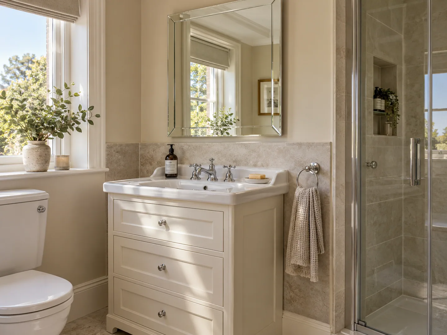 Painted framed bathroom vanity with a classic chrome tap