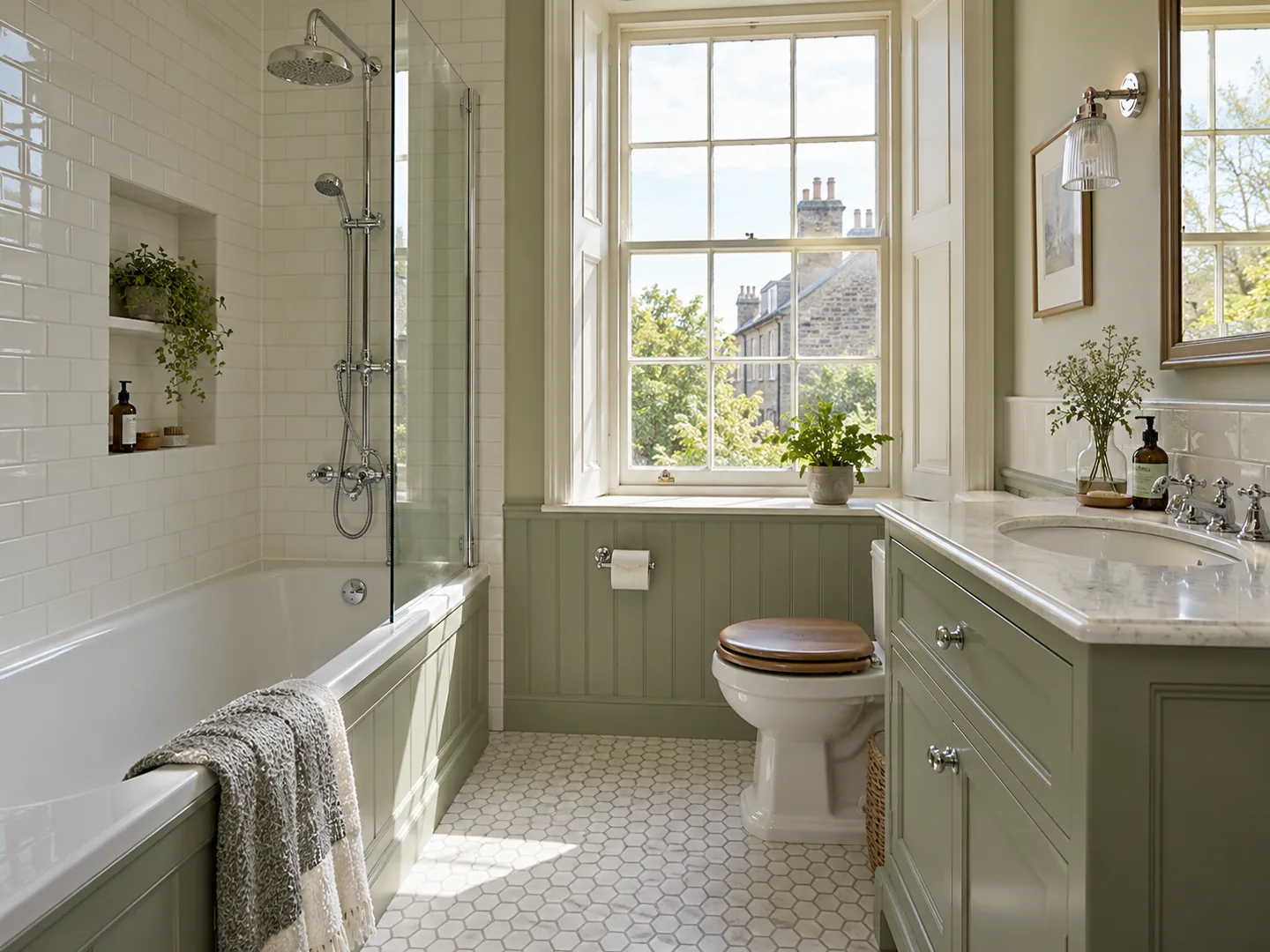 Traditional bathroom with a fitted bath and framed vanity